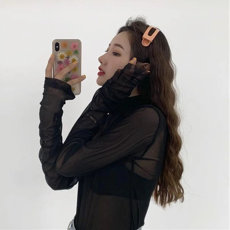 Mesh Turtleneck Long Sleeve Top