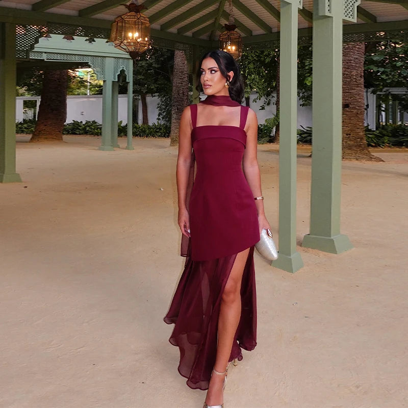 Mesh Patchwork Strap Maxi Dress