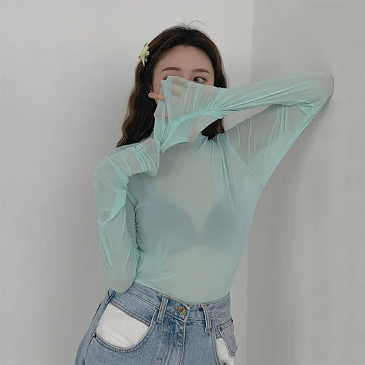 Mesh Turtleneck Long Sleeve Top