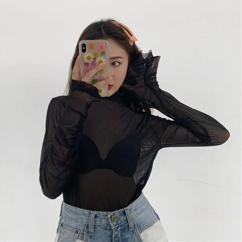 Mesh Turtleneck Long Sleeve Top