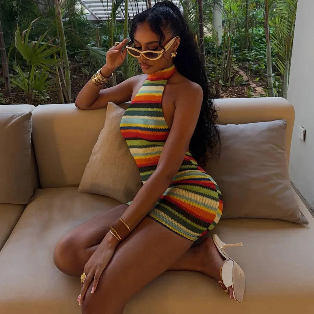 Striped Knit Halter Mini Dress