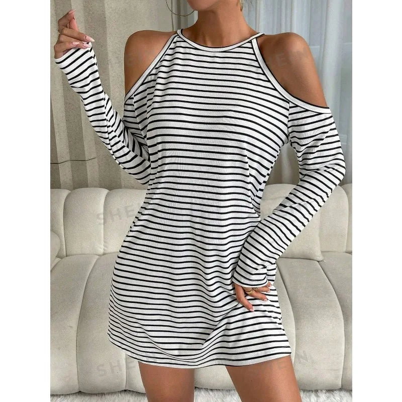 Striped Cold-Shoulder Mini Dress