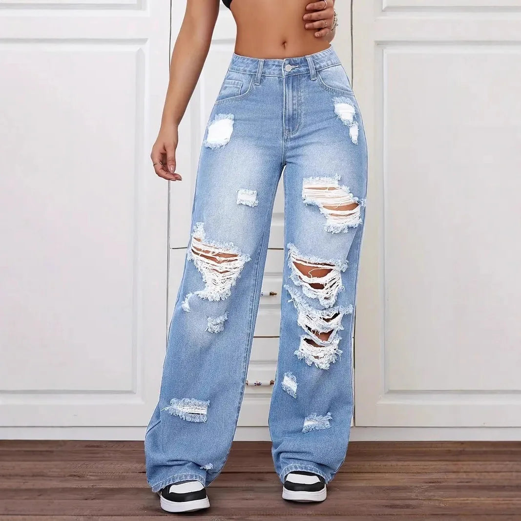 Raw Edge Jeans — Women's High-Rise Ripped Straight Denim