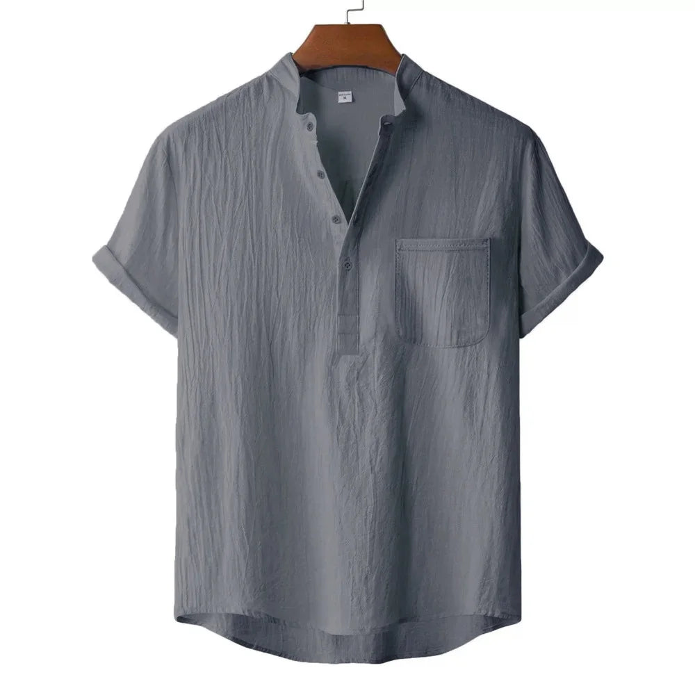 Cotton-Linen Henley Shirt, Beach Style