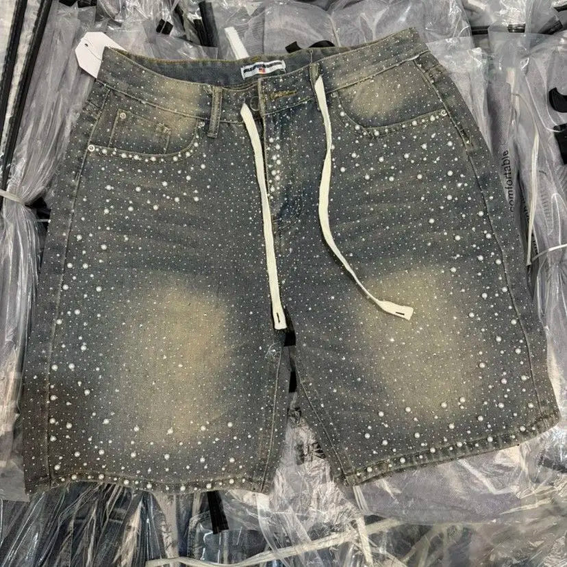 Camo Denim Shorts with Rhinestones