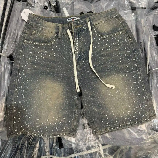 Camo Denim Shorts with Rhinestones