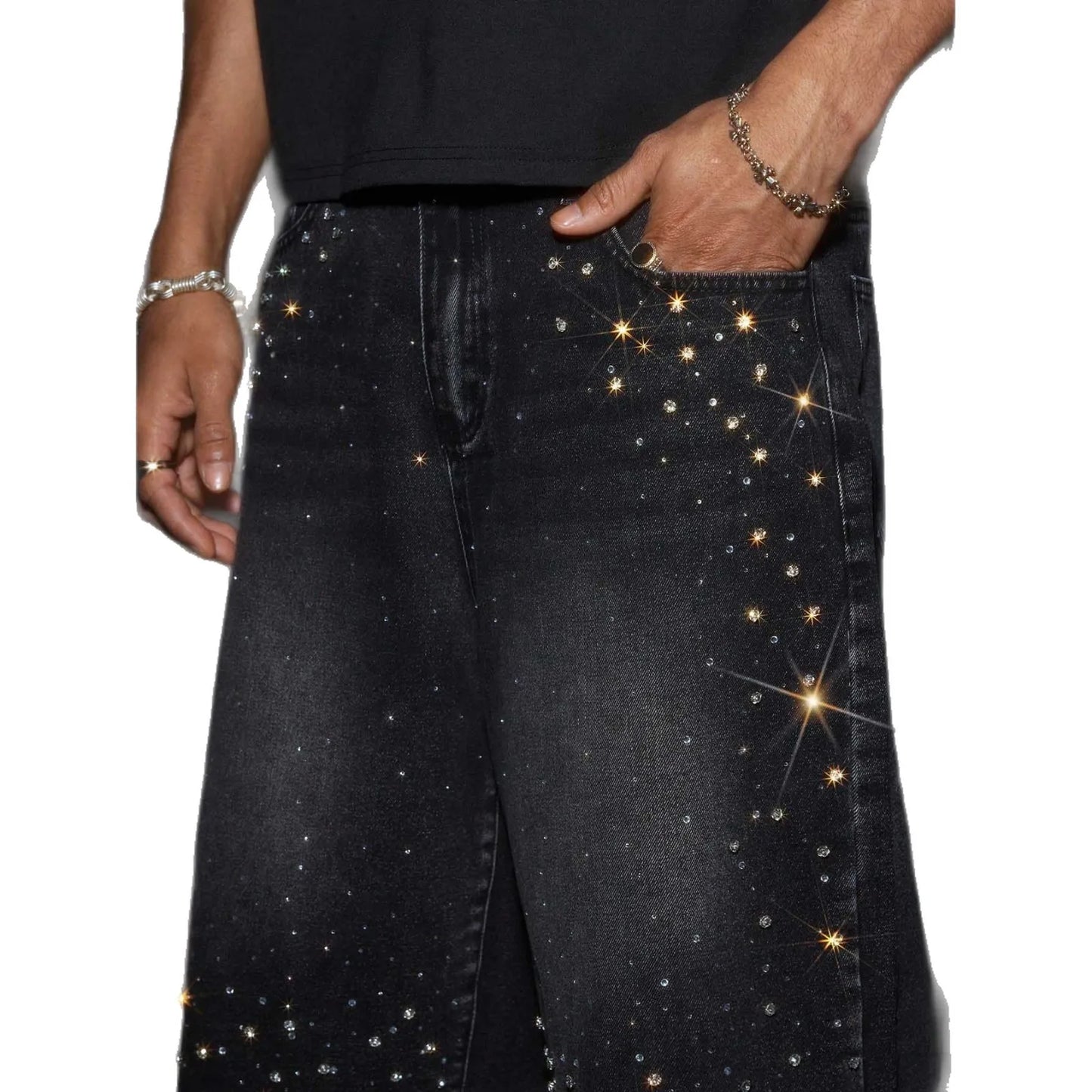 Rhinestone Denim Shorts, Black Wash