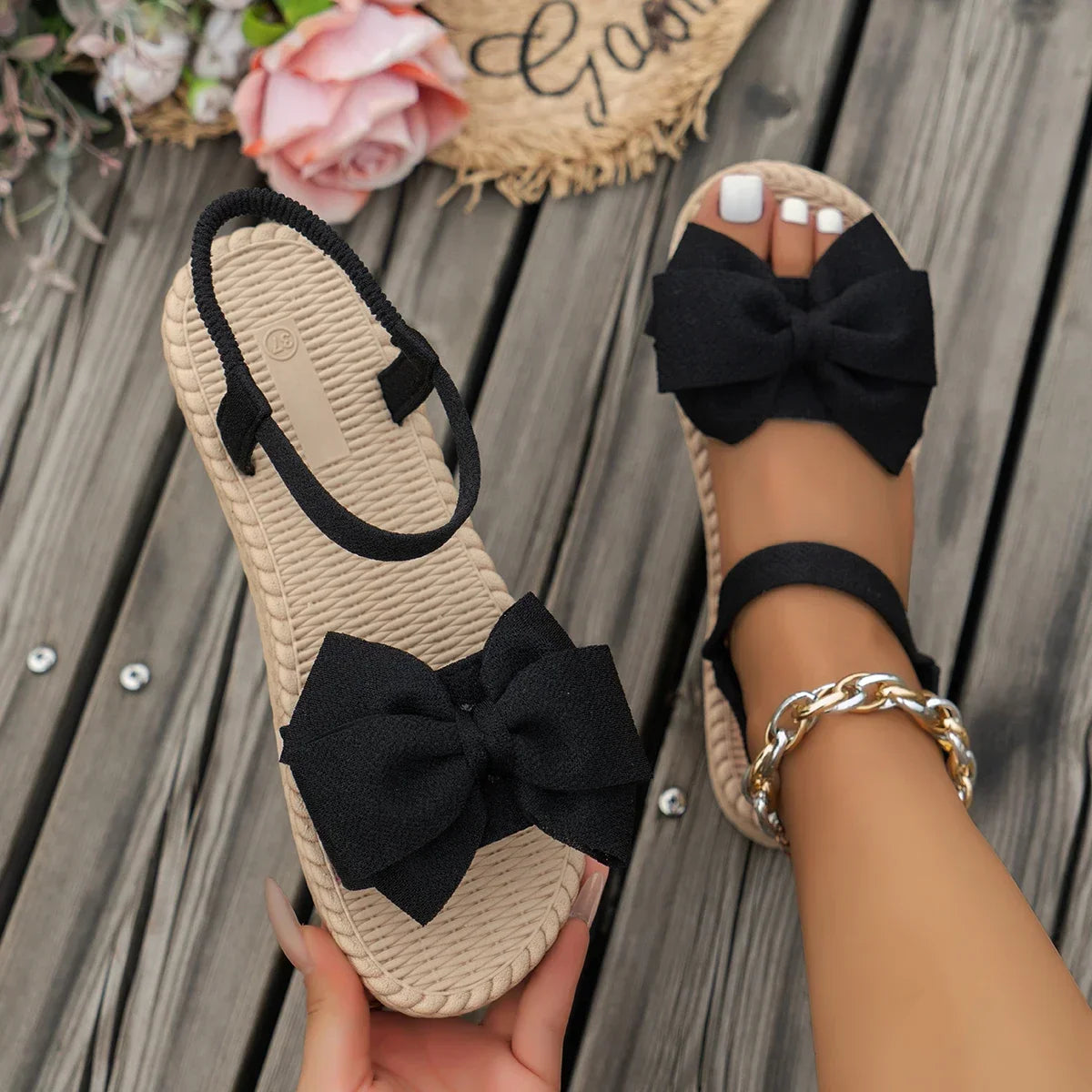 Bow-Tie Flat Slide Sandals