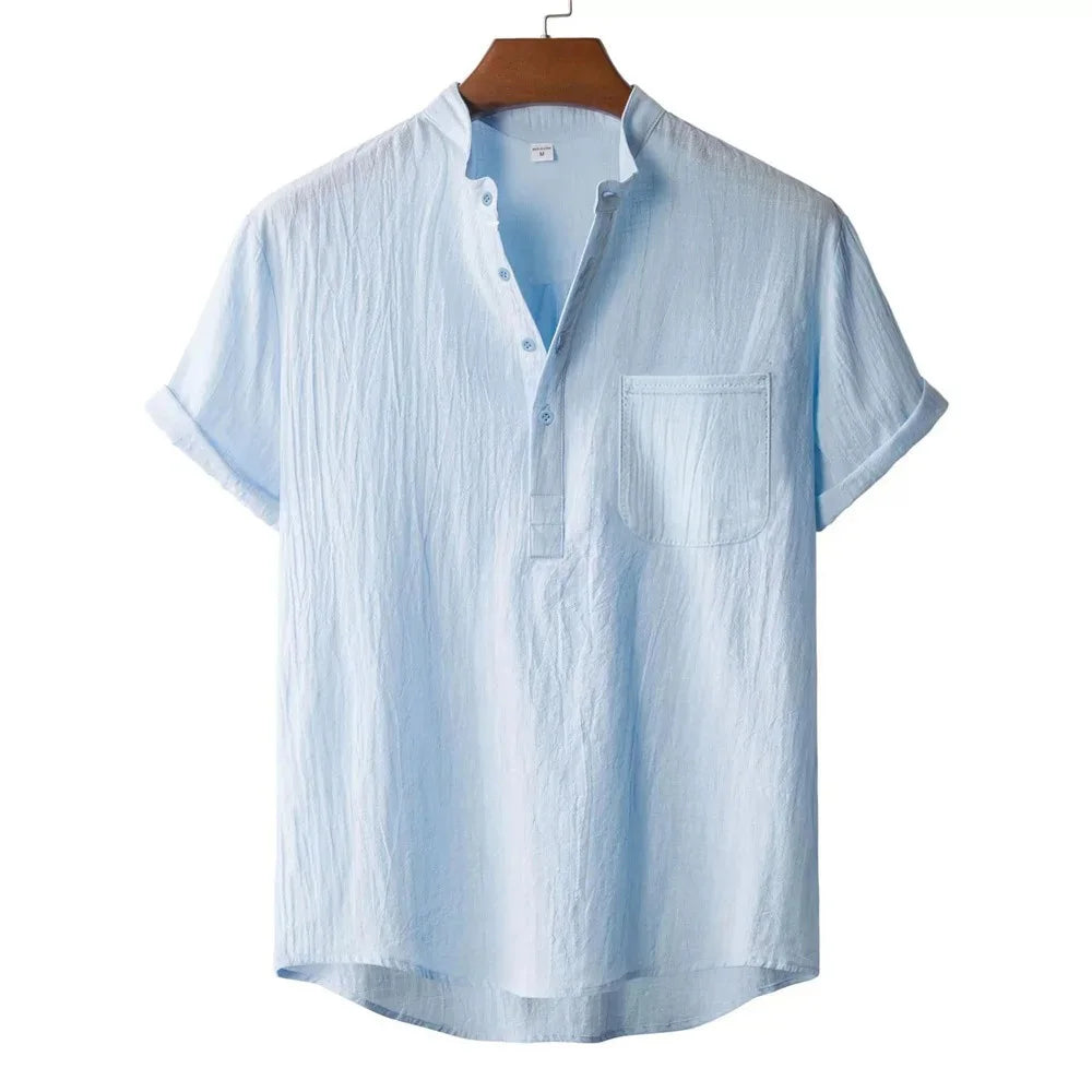 Cotton-Linen Henley Shirt, Beach Style