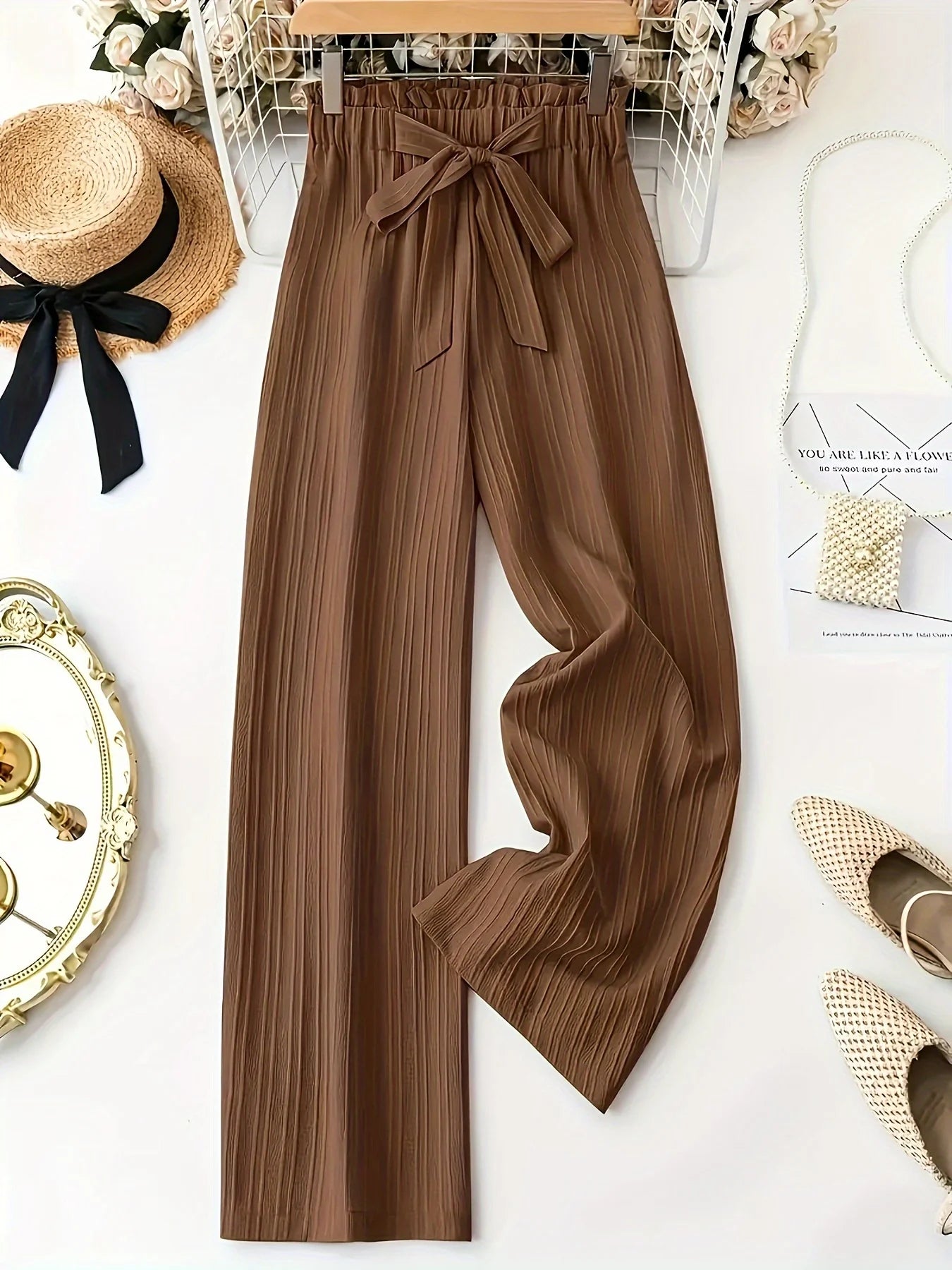 Elastic Waist Wide-Leg Pants with Bow Detail