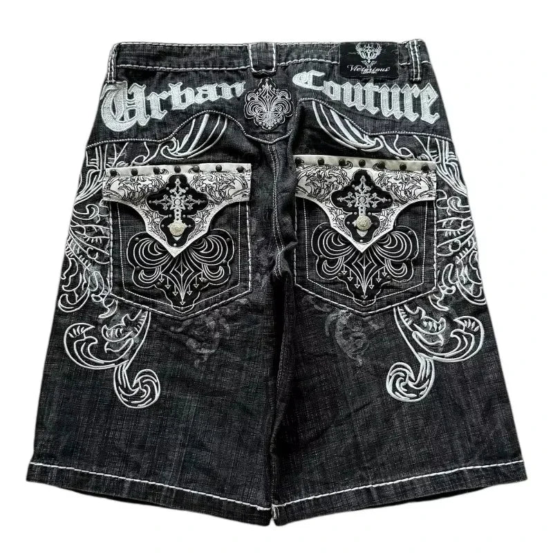 Oversized Embroidered Denim Shorts