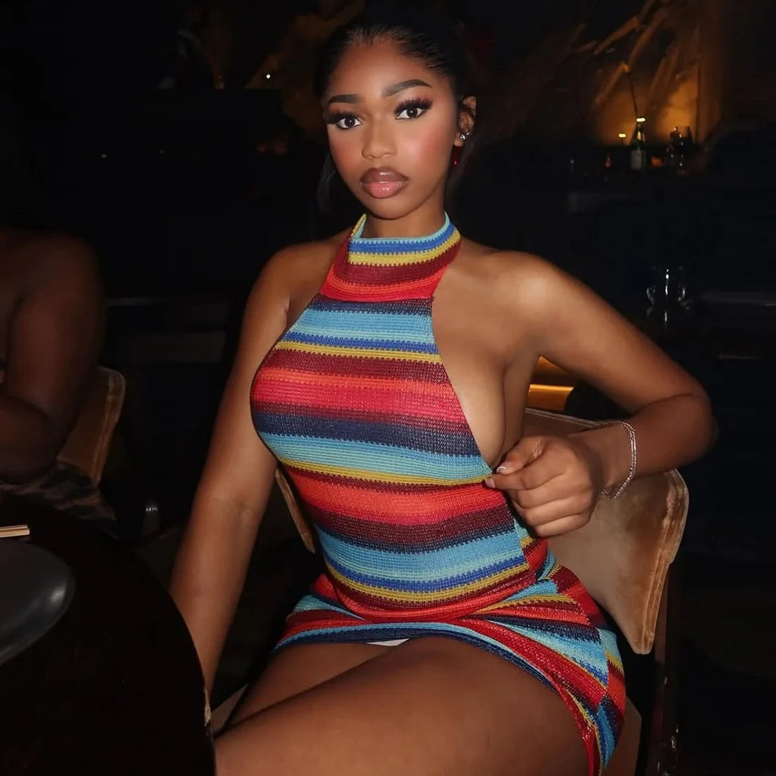 Striped Knit Halter Mini Dress