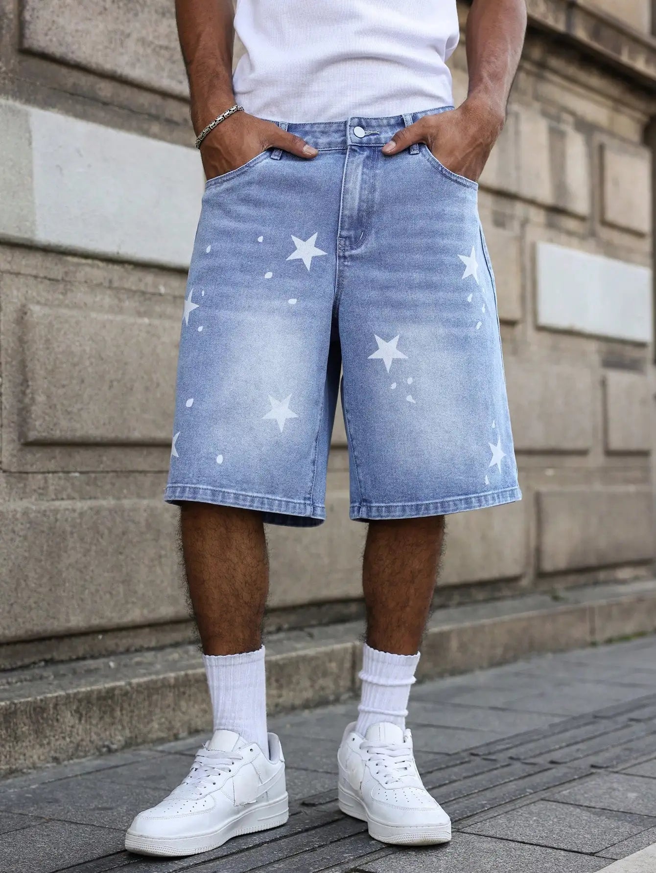 Star-Print Denim Shorts, Blue