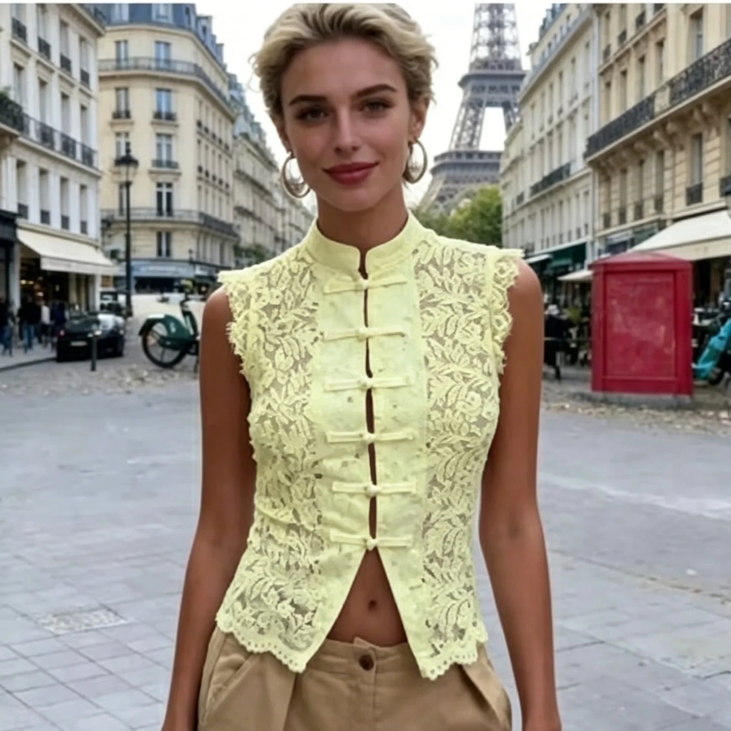Lace Frog-Button Crop Top