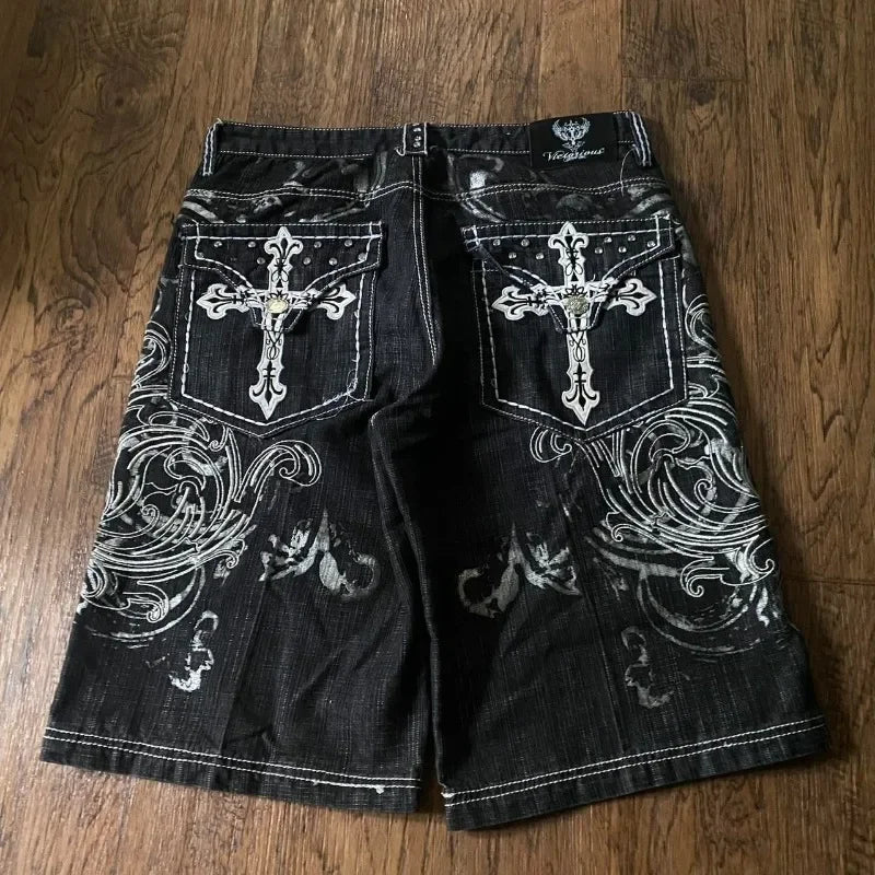 Oversized Embroidered Denim Shorts