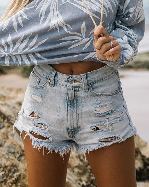 Ripped High-Waist Denim Shorts