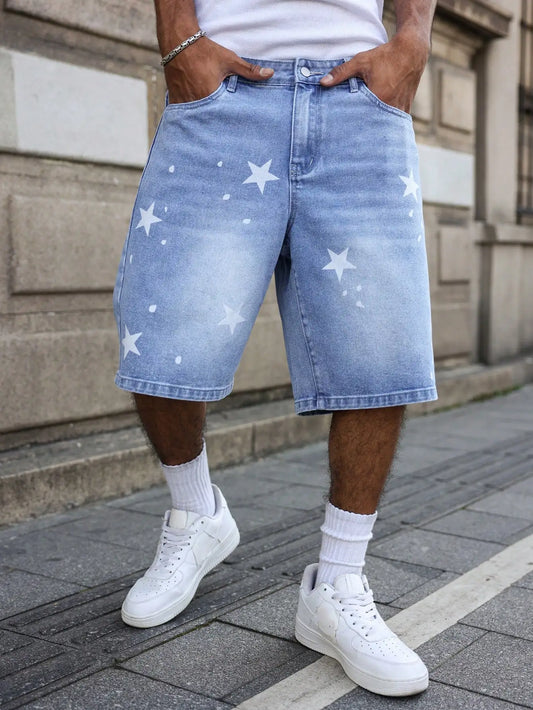 Star-Print Denim Shorts, Blue