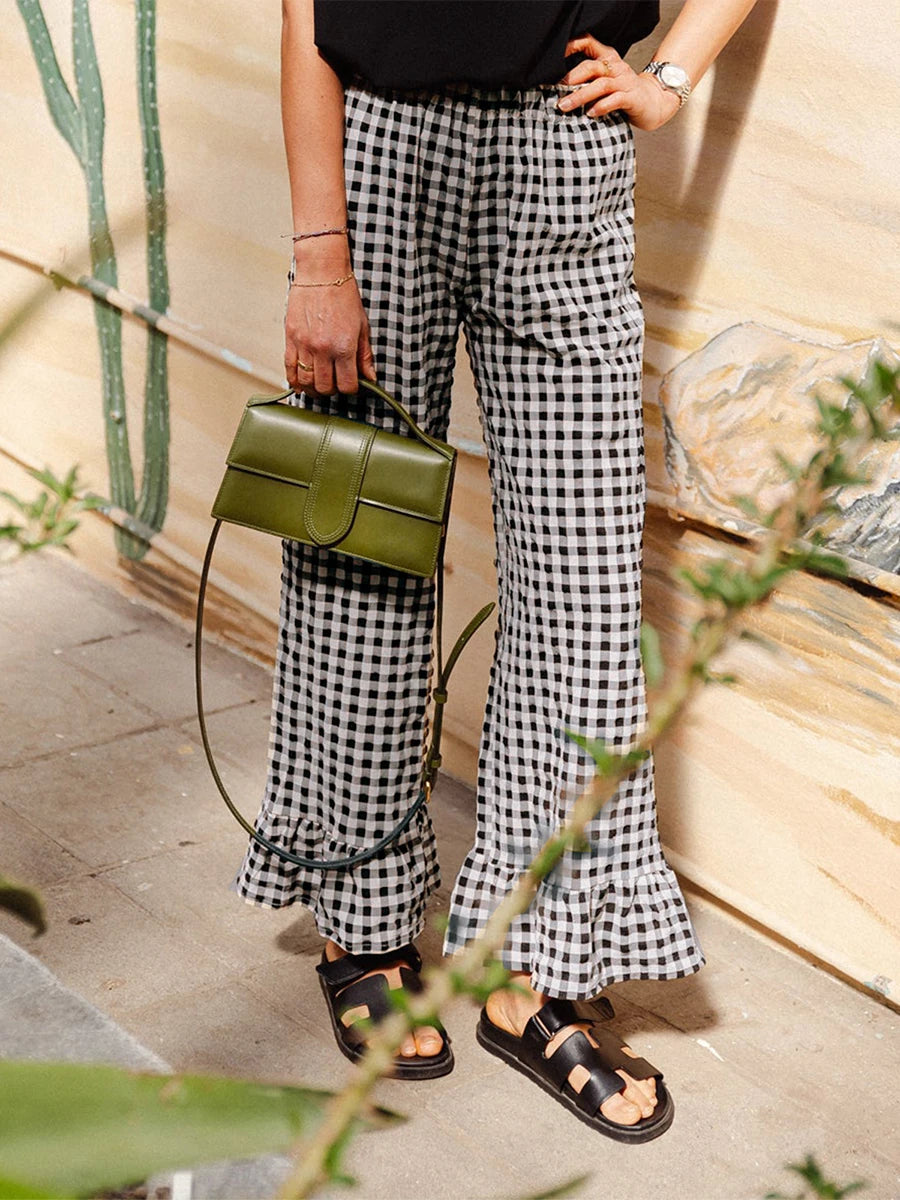 Plaid Wide-Leg Trousers, Ruffled Hem