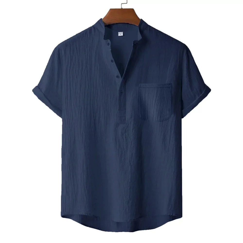 Cotton-Linen Henley Shirt, Beach Style