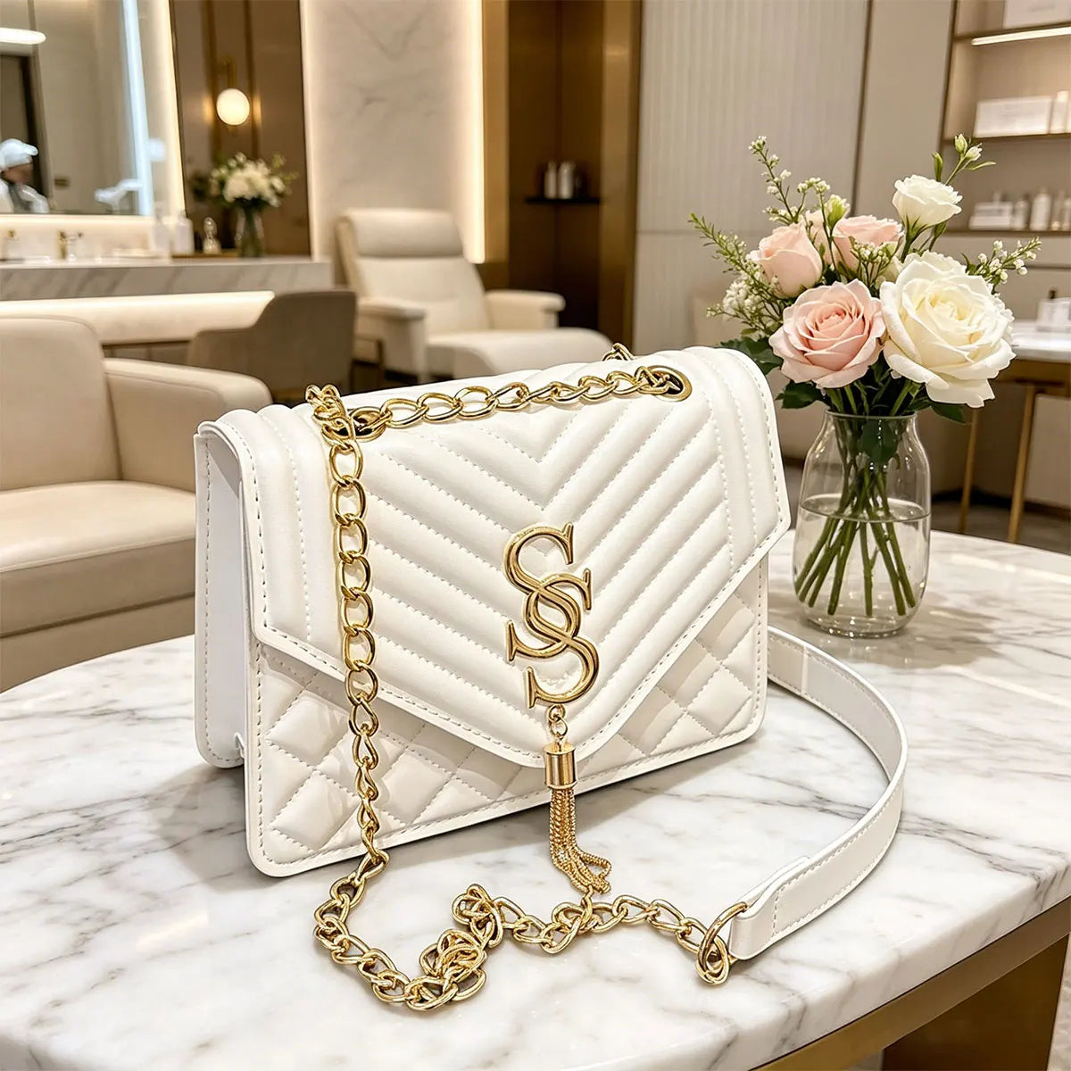 Quilted Chain Crossbody Bag, Argyle