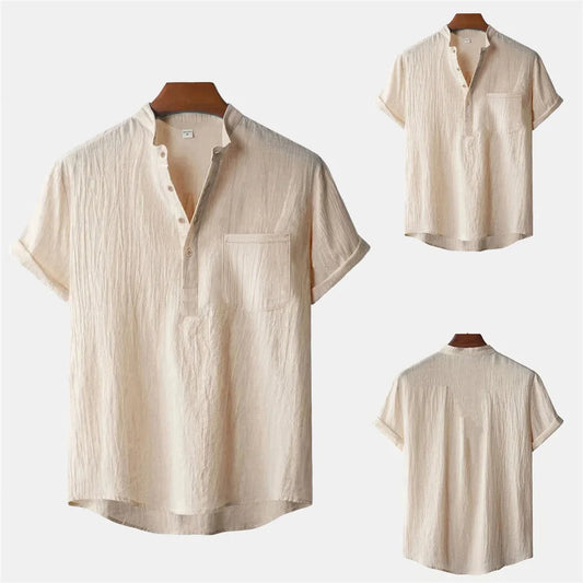 Cotton-Linen Henley Shirt, Beach Style