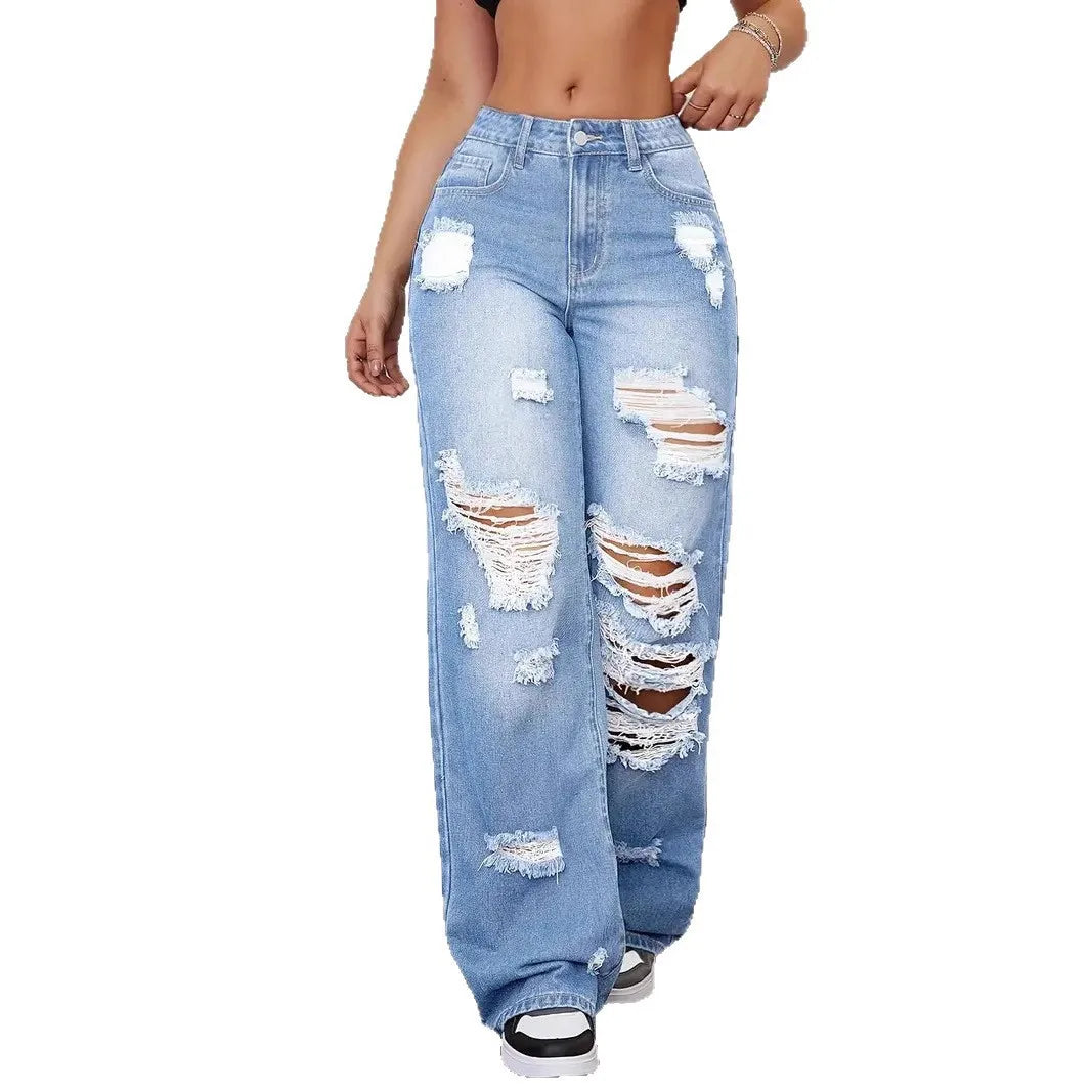 Raw Edge Jeans — Women's High-Rise Ripped Straight Denim