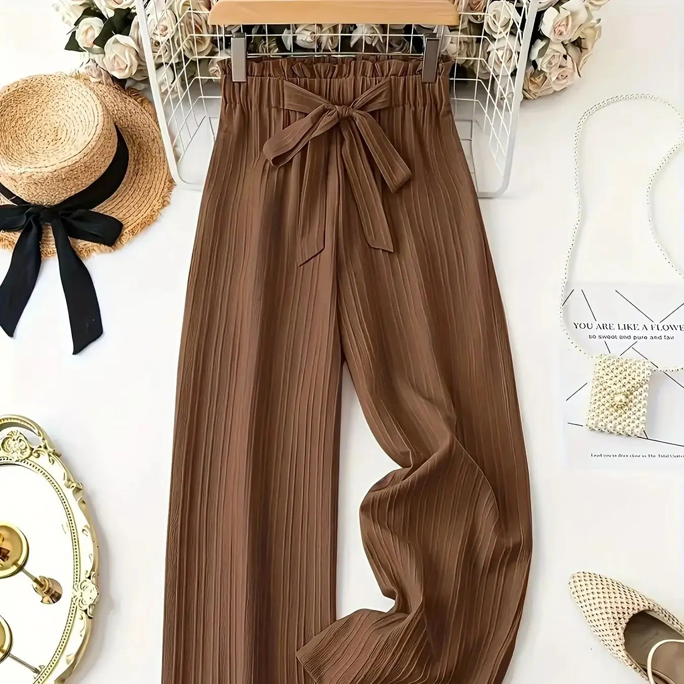 Elastic Waist Wide-Leg Pants with Bow Detail
