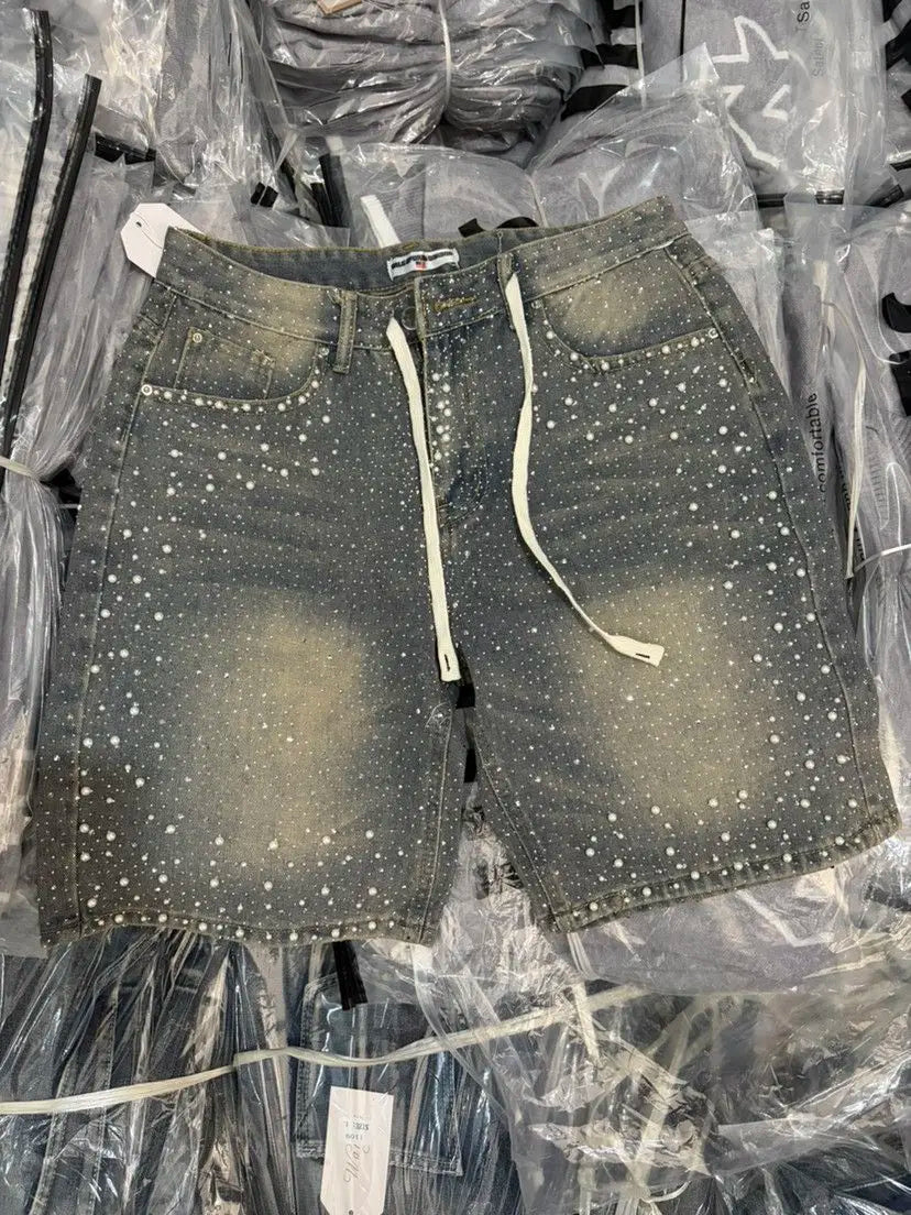 Camo Denim Shorts with Rhinestones