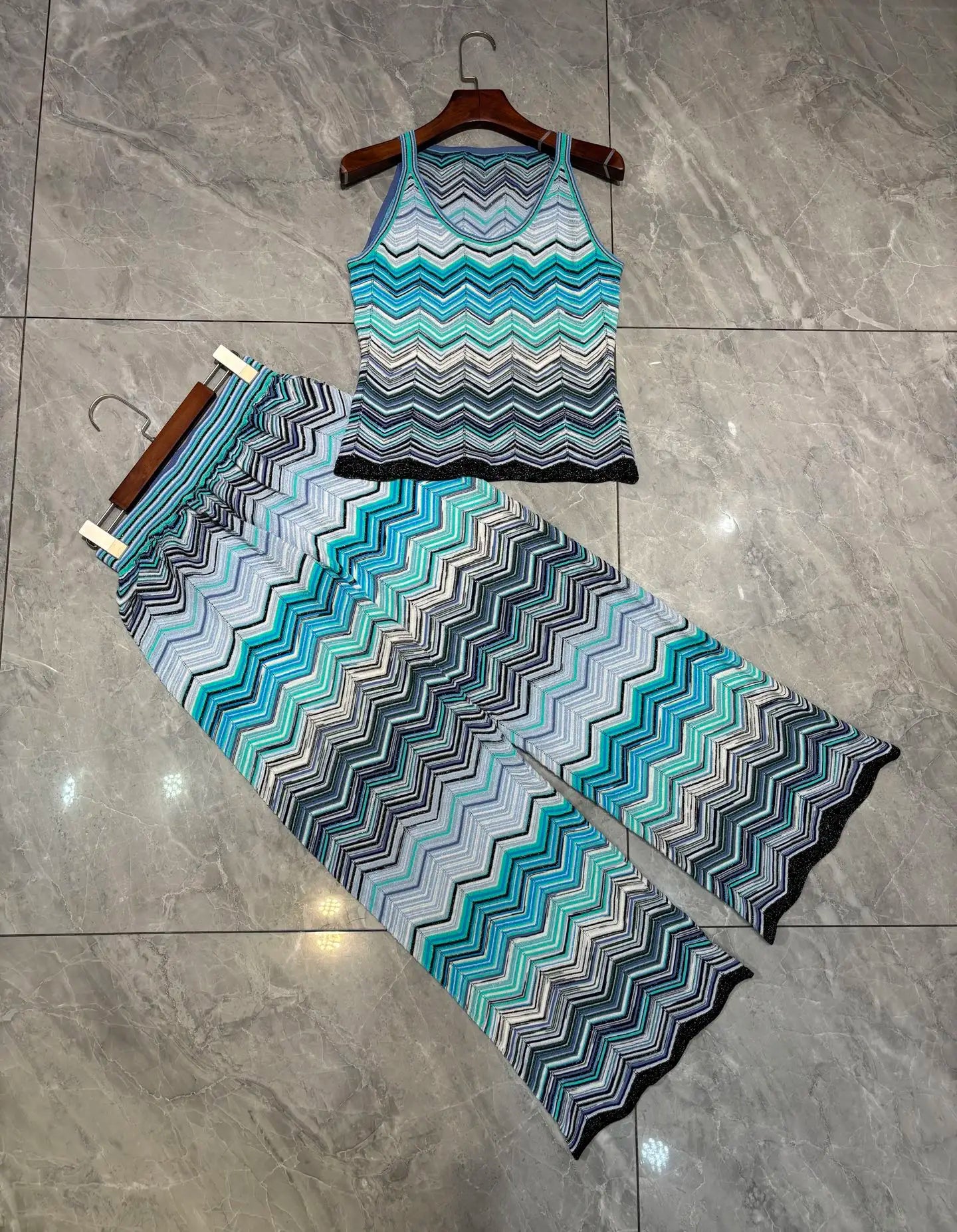 Chevron Knit Top & Wide-Leg Pants Set