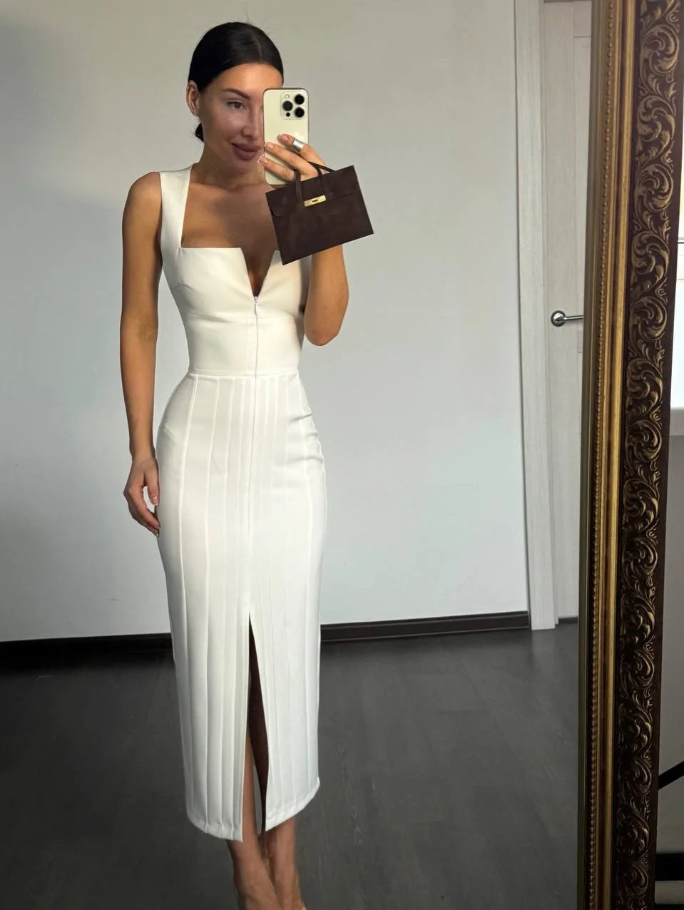 Square Neck Split Midi Dress