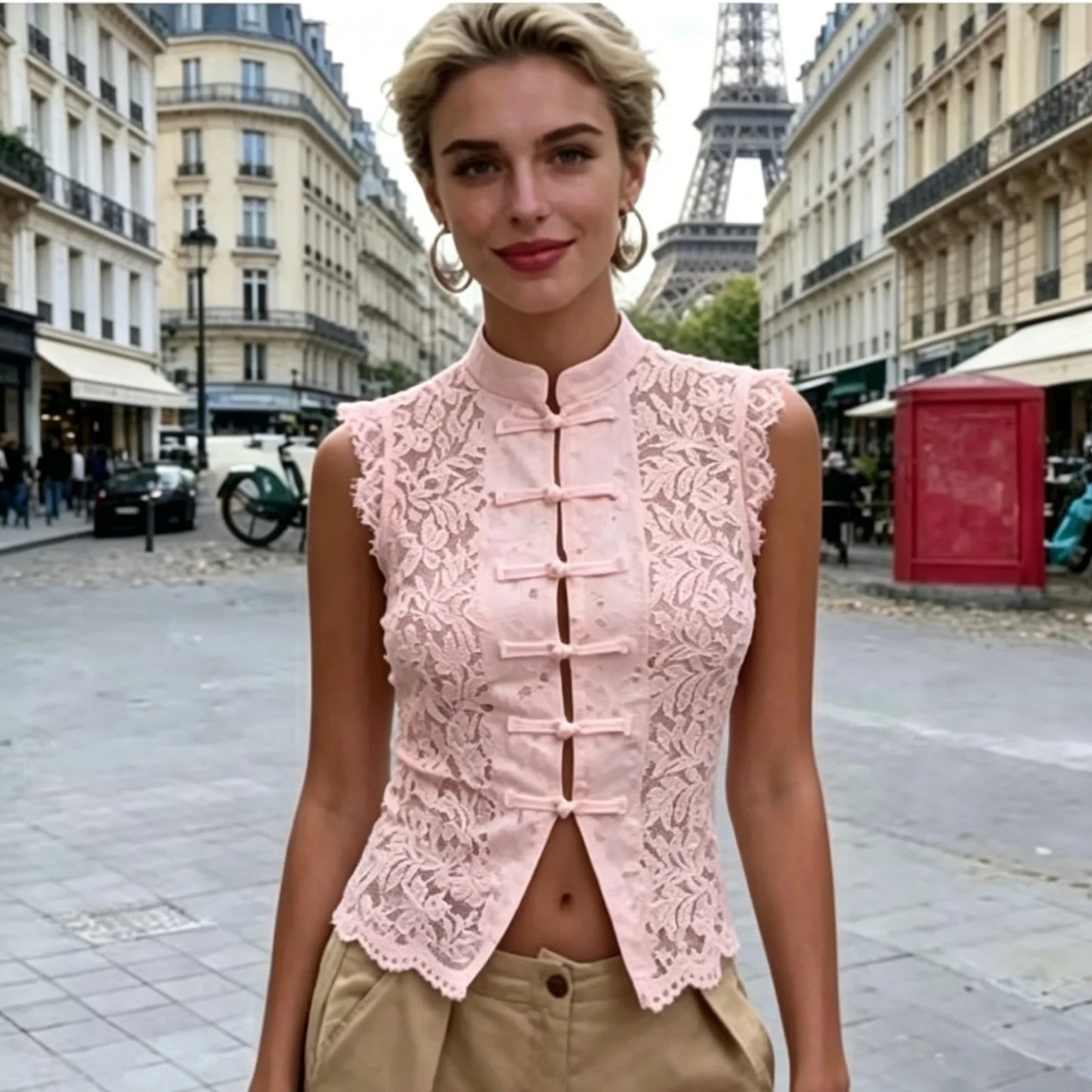 Lace Frog-Button Crop Top