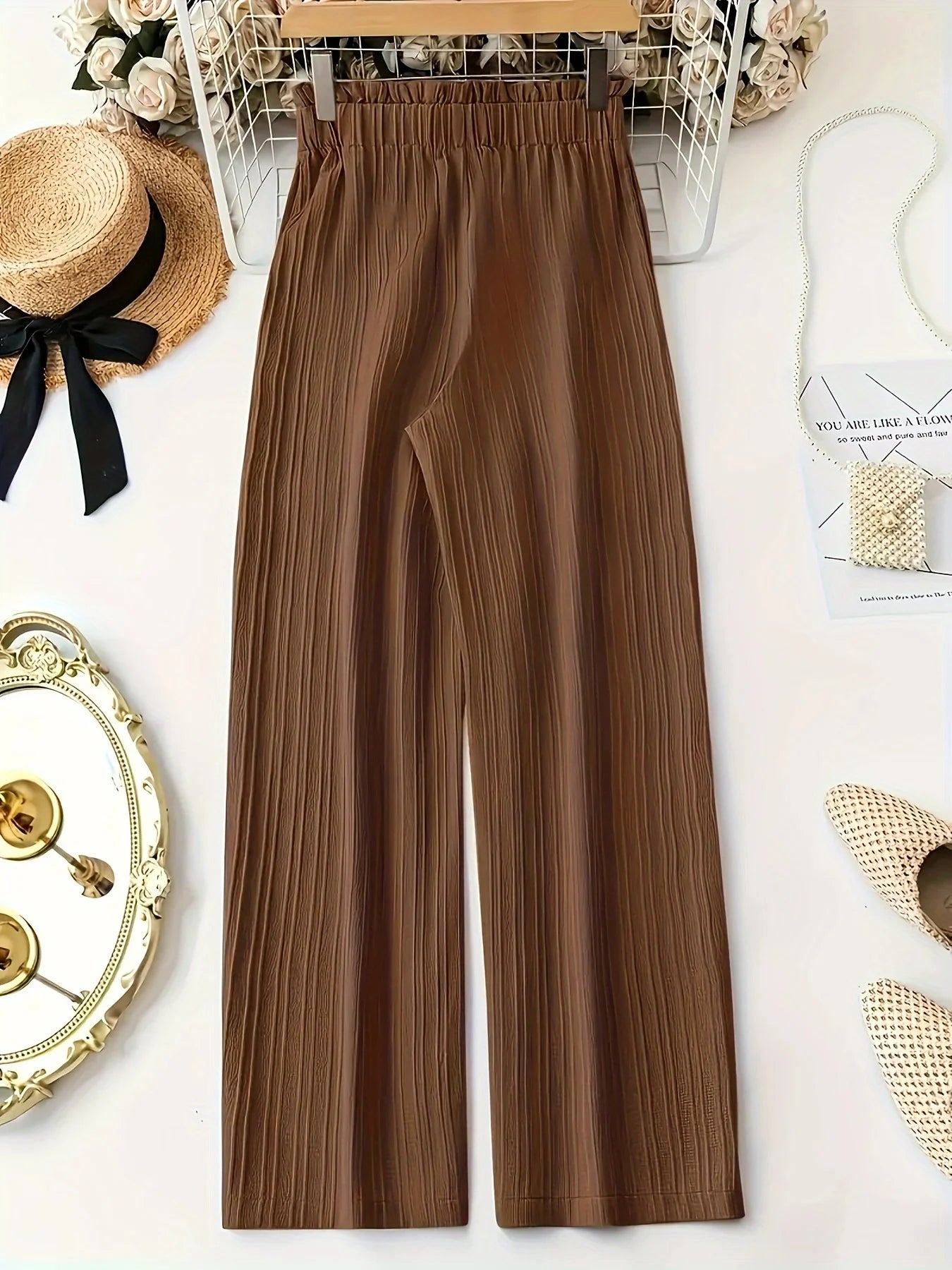 Elastic Waist Wide-Leg Pants with Bow Detail