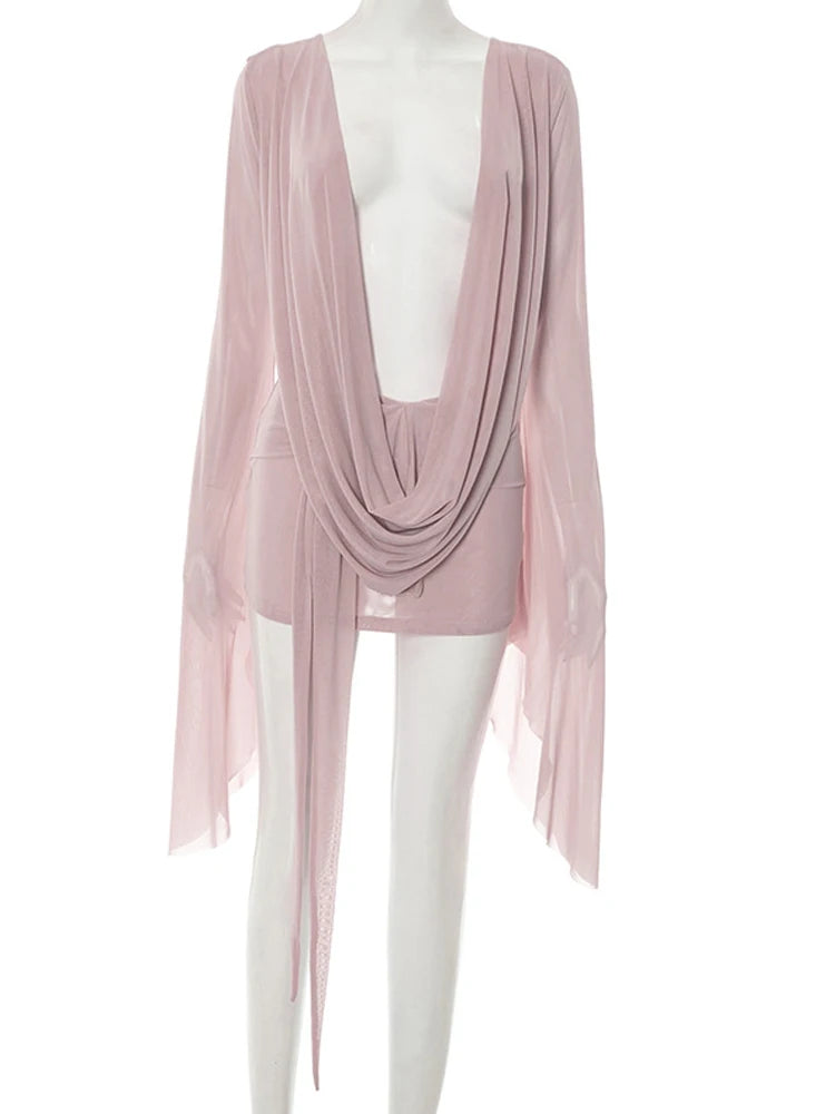 Flare Sleeve Mesh Cover-Up Dress