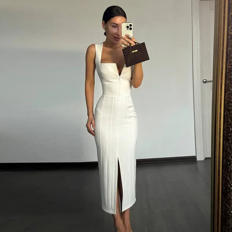 Square Neck Split Midi Dress