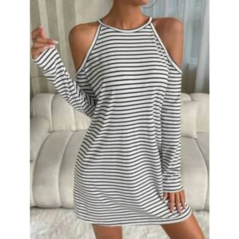 Striped Cold-Shoulder Mini Dress