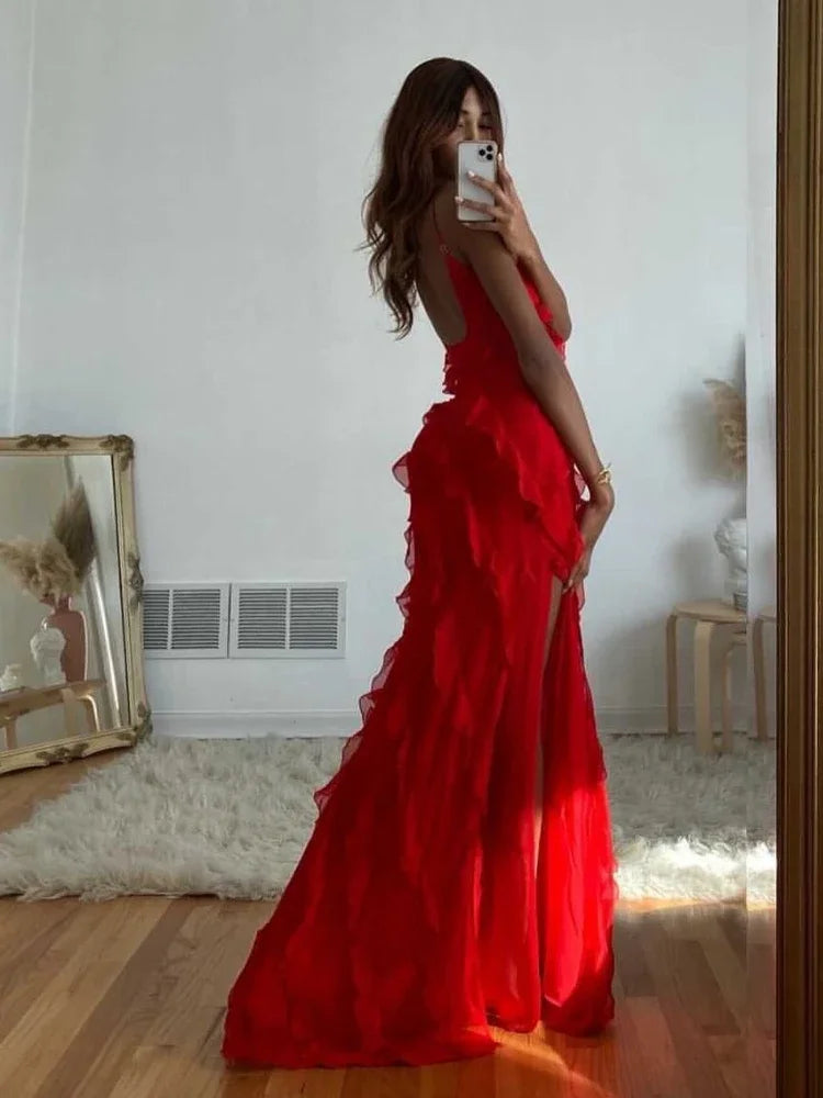Chiffon Ruffle-Edge Maxi Dress