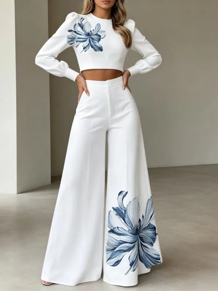 Floral Print Puff-Sleeve Top & Pants Set
