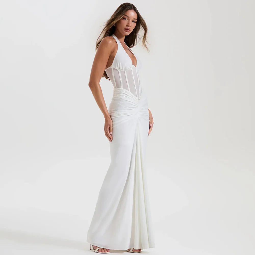 Halter Backless Mesh Maxi Dress