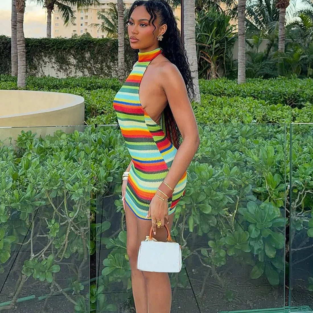 Striped Knit Halter Mini Dress