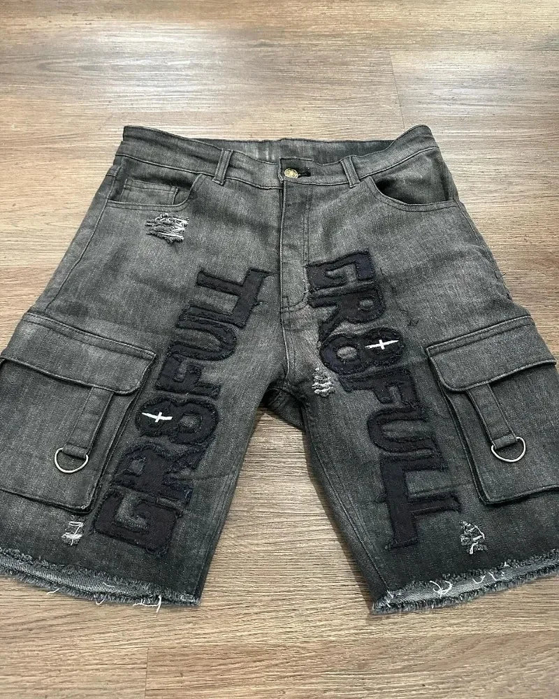 Oversized Embroidered Denim Shorts