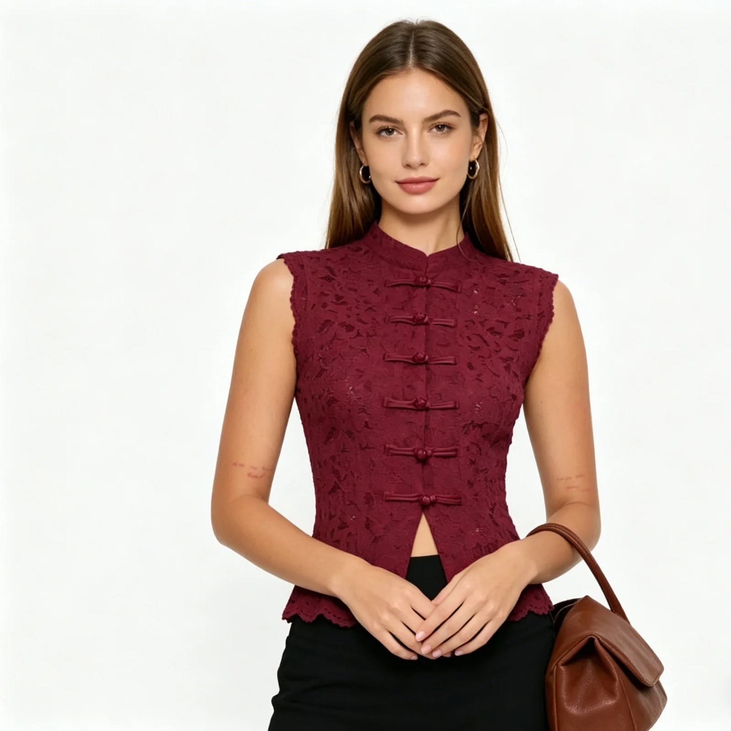 Lace Frog-Button Crop Top