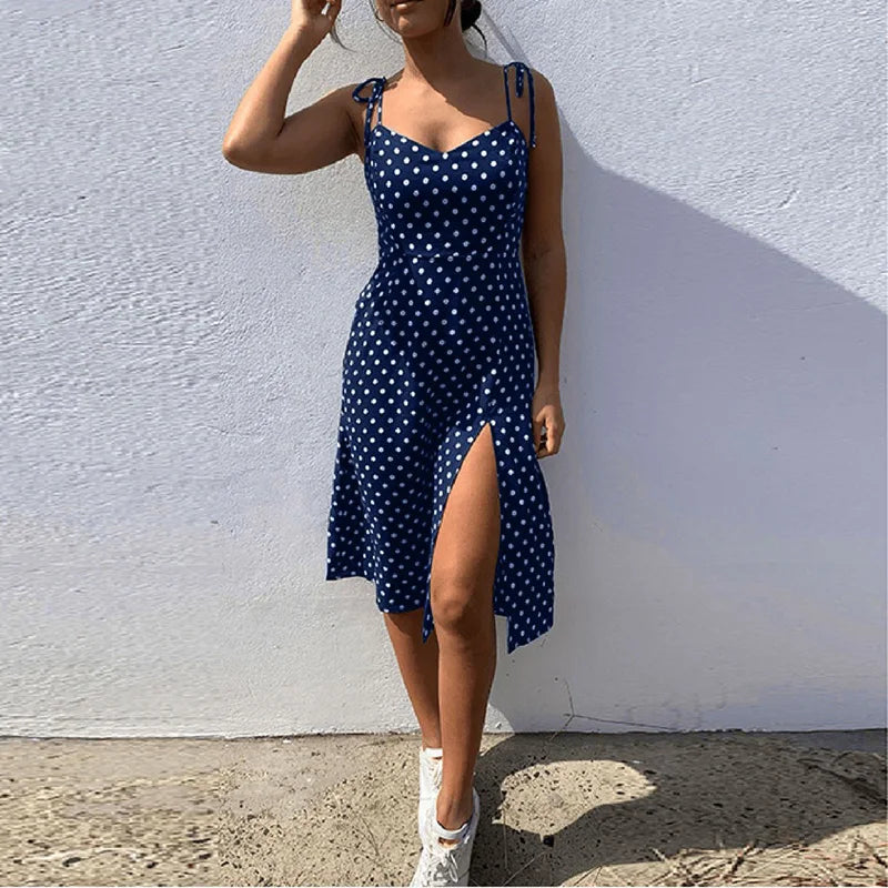 Vestido De Verano Sin Mangas Con Lunares, Plisado, Cintura Elástica, Cuello En V, 2020