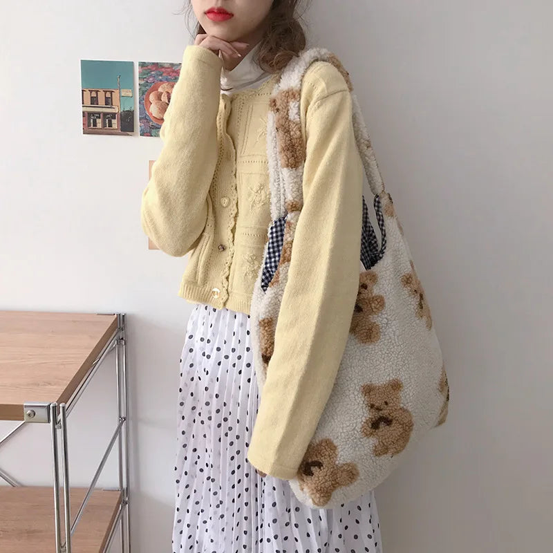Bolso De Hombro De Felpa Para Mujer, Bolso De Mano De Tela Cálida, Bolso De Lona Suave, Bolsos De Compras De Gran Capacidad, Bolsos De Libros De Oso Lindo Para Damas