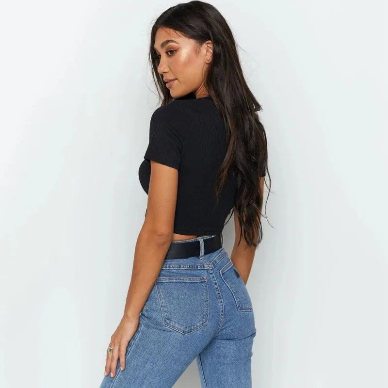 Top Corto De Punto Con Cuello Redondo Para Mujer, Camiseta Informal De Verano, Ropa De Calle Básica Sexy, Tops De Manga Corta Negros Acanalados
